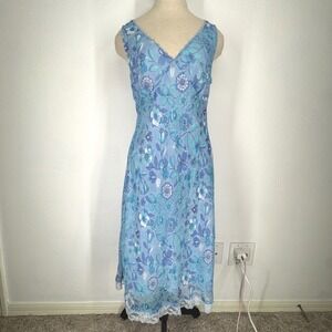 Vintage Fairy Babydoll Floral Lace Trim Midi Dress Blue Chiffon 13 Coquette
